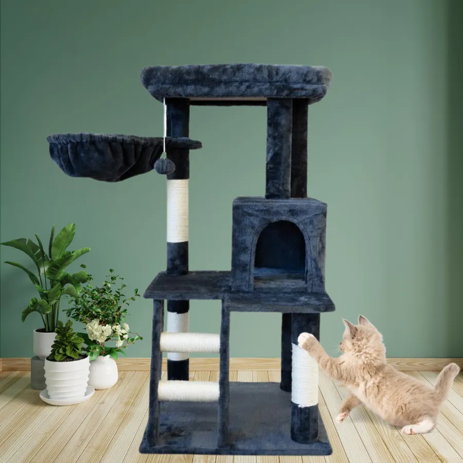 100cm Multi-Level Cat Tree, Sisal, Gray, Hiding Box, Petwiz