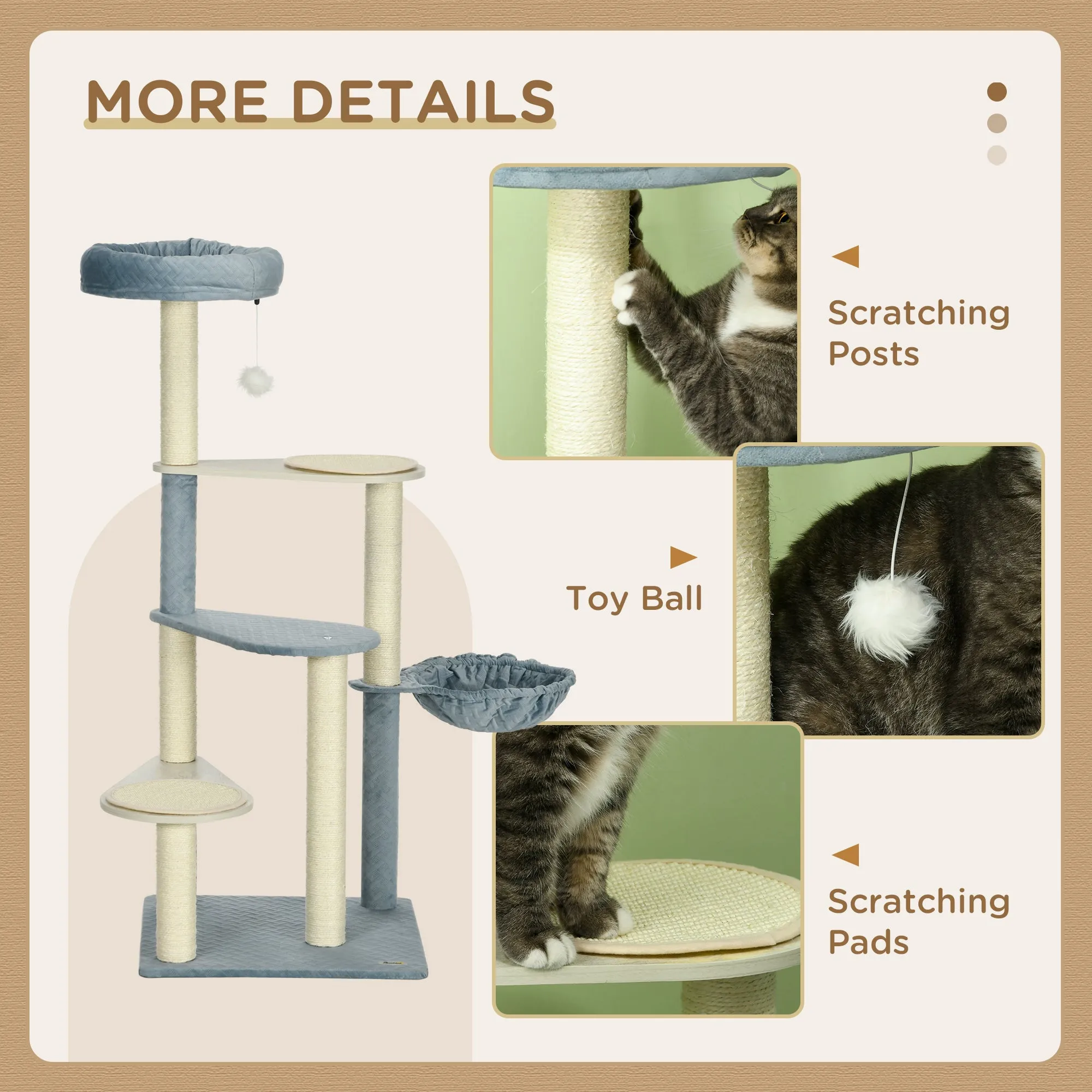 118.5cm Cat Tree for Indoor Cats, Cat Tower with Scratching Posts, Mats, Hammock, Cat Bed, Ball Toy, Grey Blue