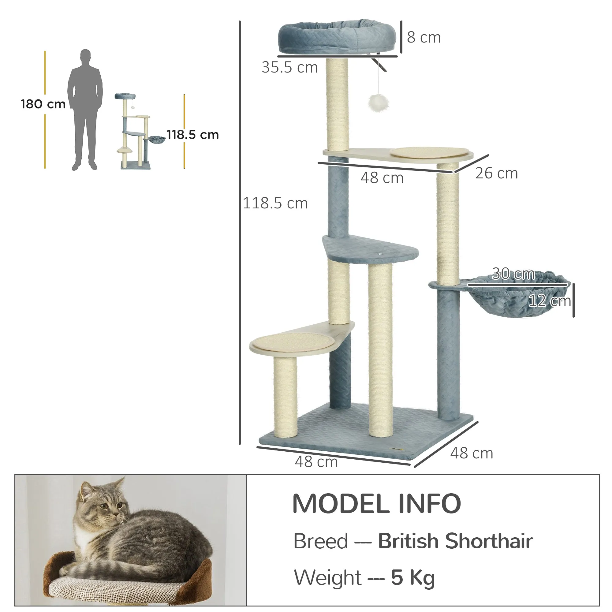 118.5cm Cat Tree for Indoor Cats, Cat Tower with Scratching Posts, Mats, Hammock, Cat Bed, Ball Toy, Grey Blue