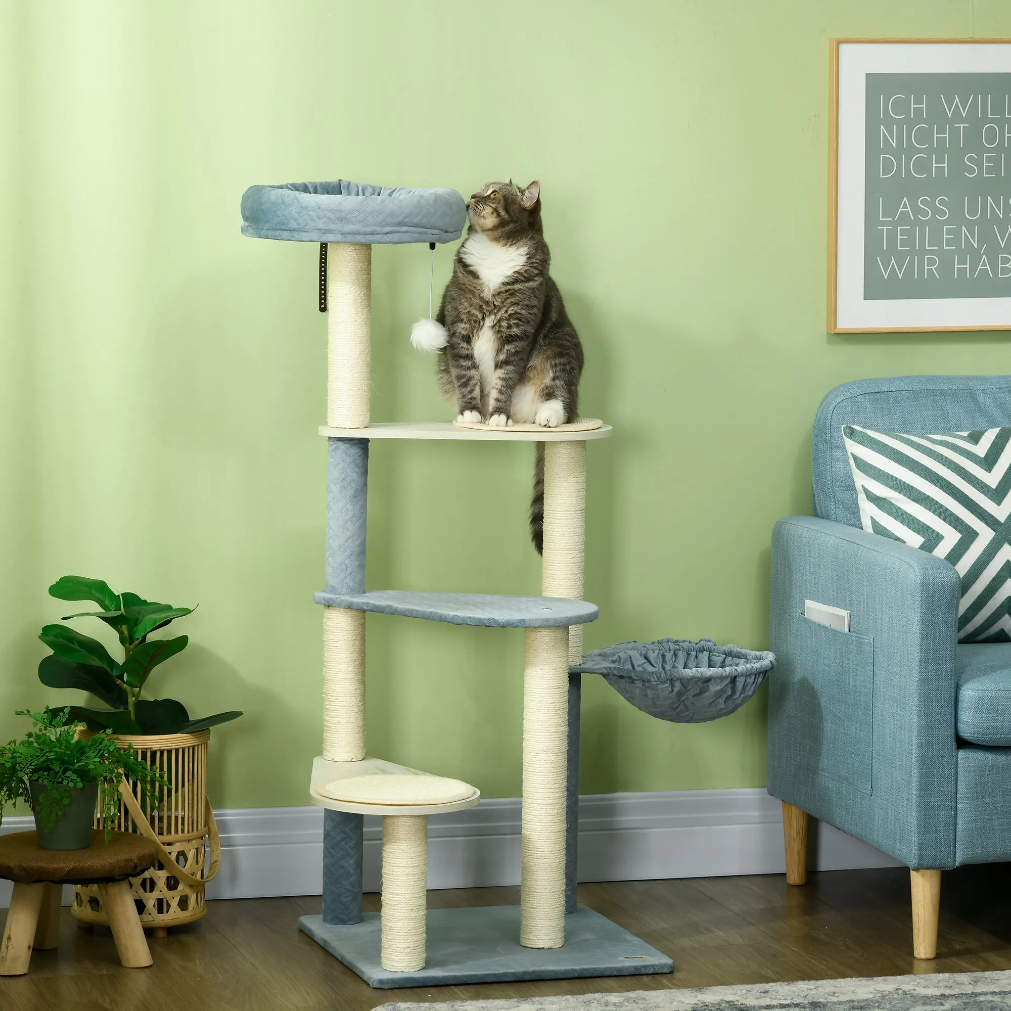 118.5cm Cat Tree for Indoor Cats, Cat Tower with Scratching Posts, Mats, Hammock, Cat Bed, Ball Toy, Grey Blue