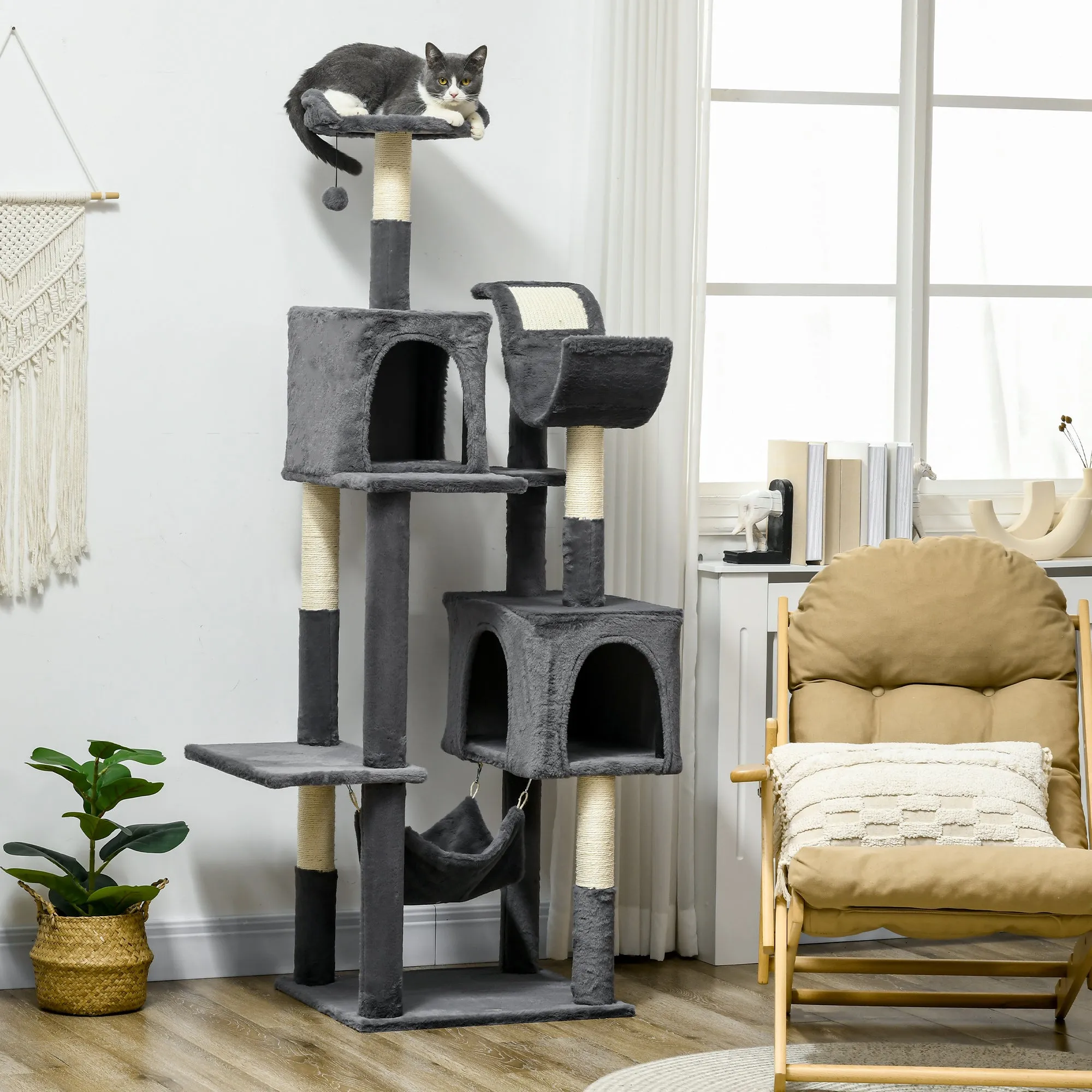 177cm Cat Tree for Indoor Cats, Multi-level Kitten Climbing Tower with Scratching Posts, Condos, Hammock, Perches, Toy Ball, Grey