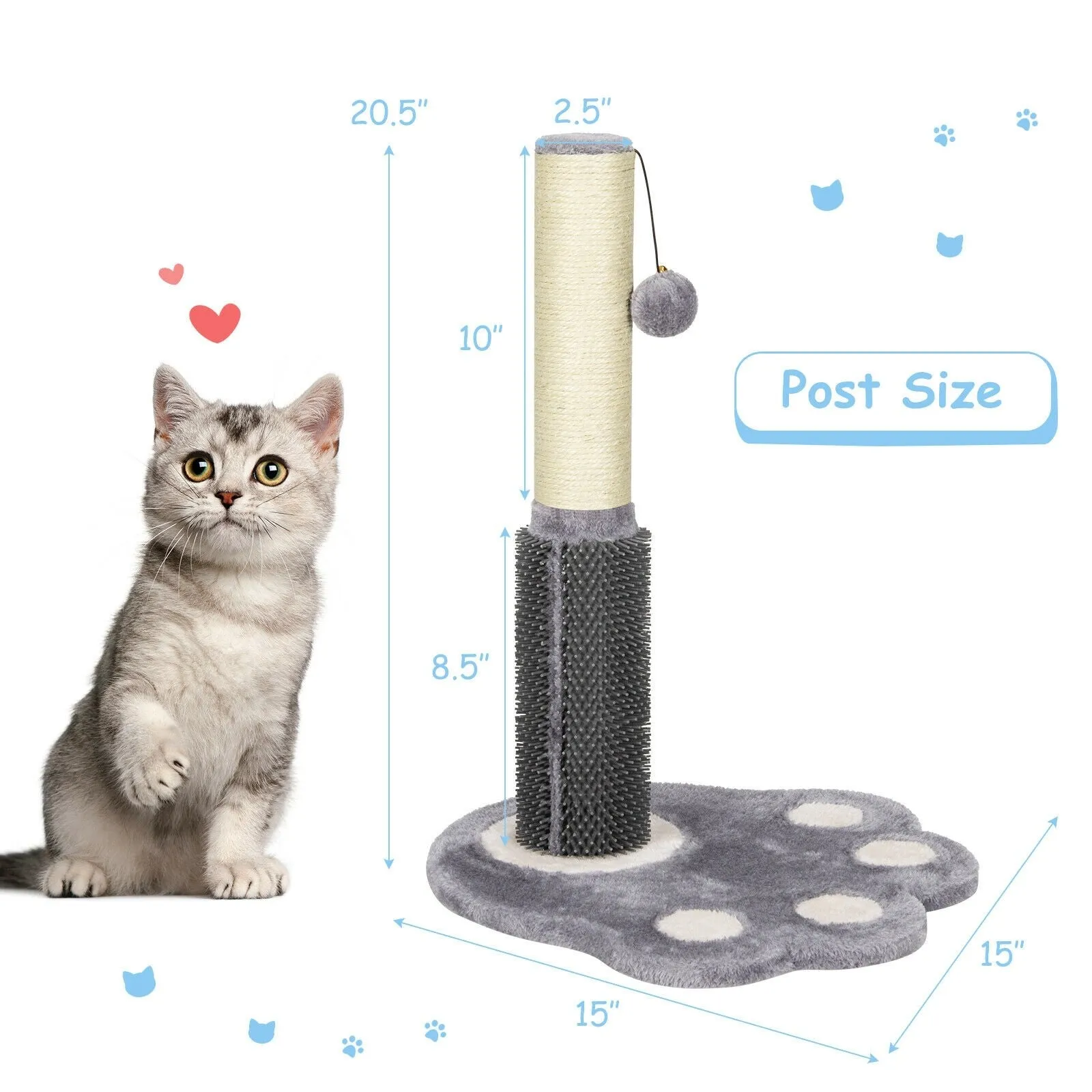 20.5 inch Tall Cat Scratching Post Claw Scratcher with Sisal Rope and Plush Ball-Gray