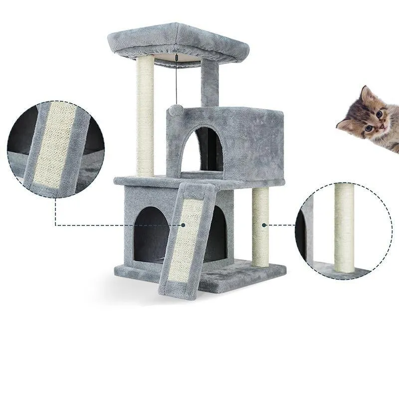 3 Level Cat Tree House 34" Sisal Scratching Post Board Plush Perch Stand