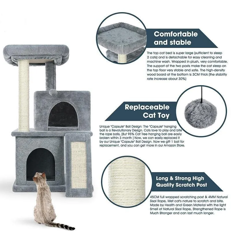 3 Level Cat Tree House 34" Sisal Scratching Post Board Plush Perch Stand