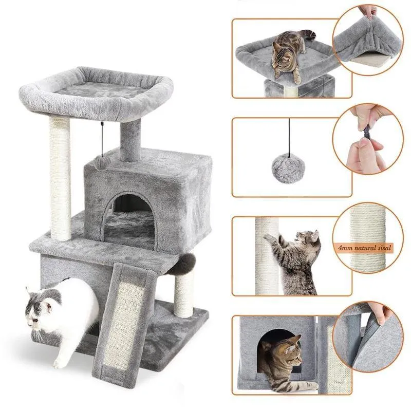 3 Level Cat Tree House 34" Sisal Scratching Post Board Plush Perch Stand