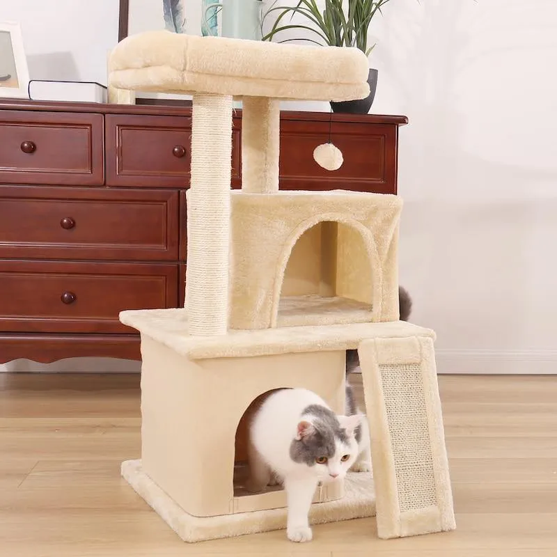 3 Level Cat Tree House 34" Sisal Scratching Post Board Plush Perch Stand