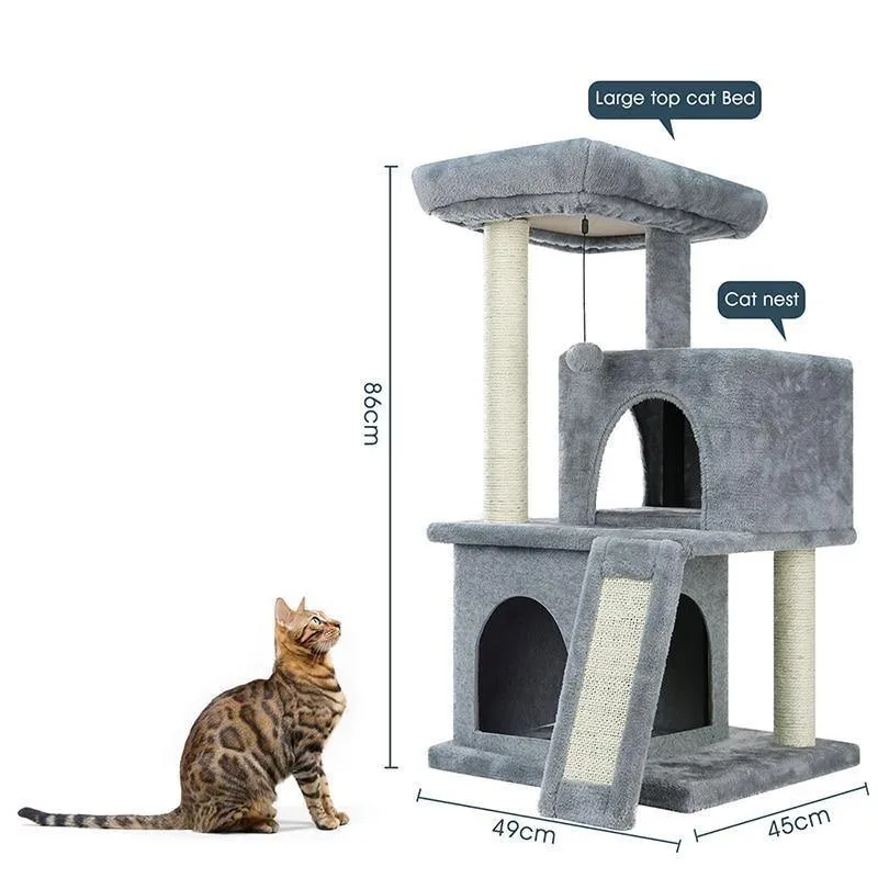 3 Level Cat Tree House 34" Sisal Scratching Post Board Plush Perch Stand