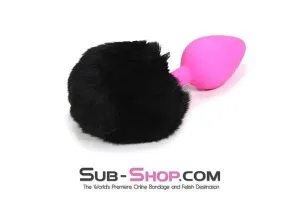 6869M      Jet Black Powder Puff Butt Plug Tail, Medium Pink Silicone Plug - LAST CHANCE - Final Closeout!