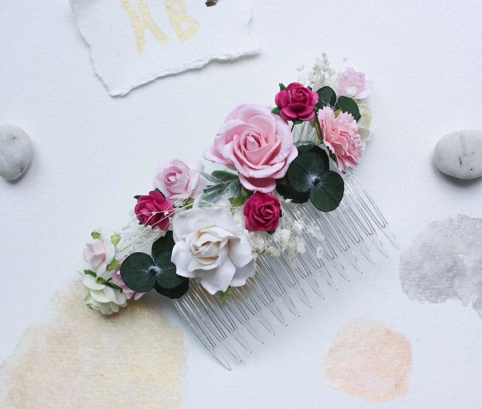 Blush Pink, White Mulberry Paper Rose Wedding Comb with eucalyptus