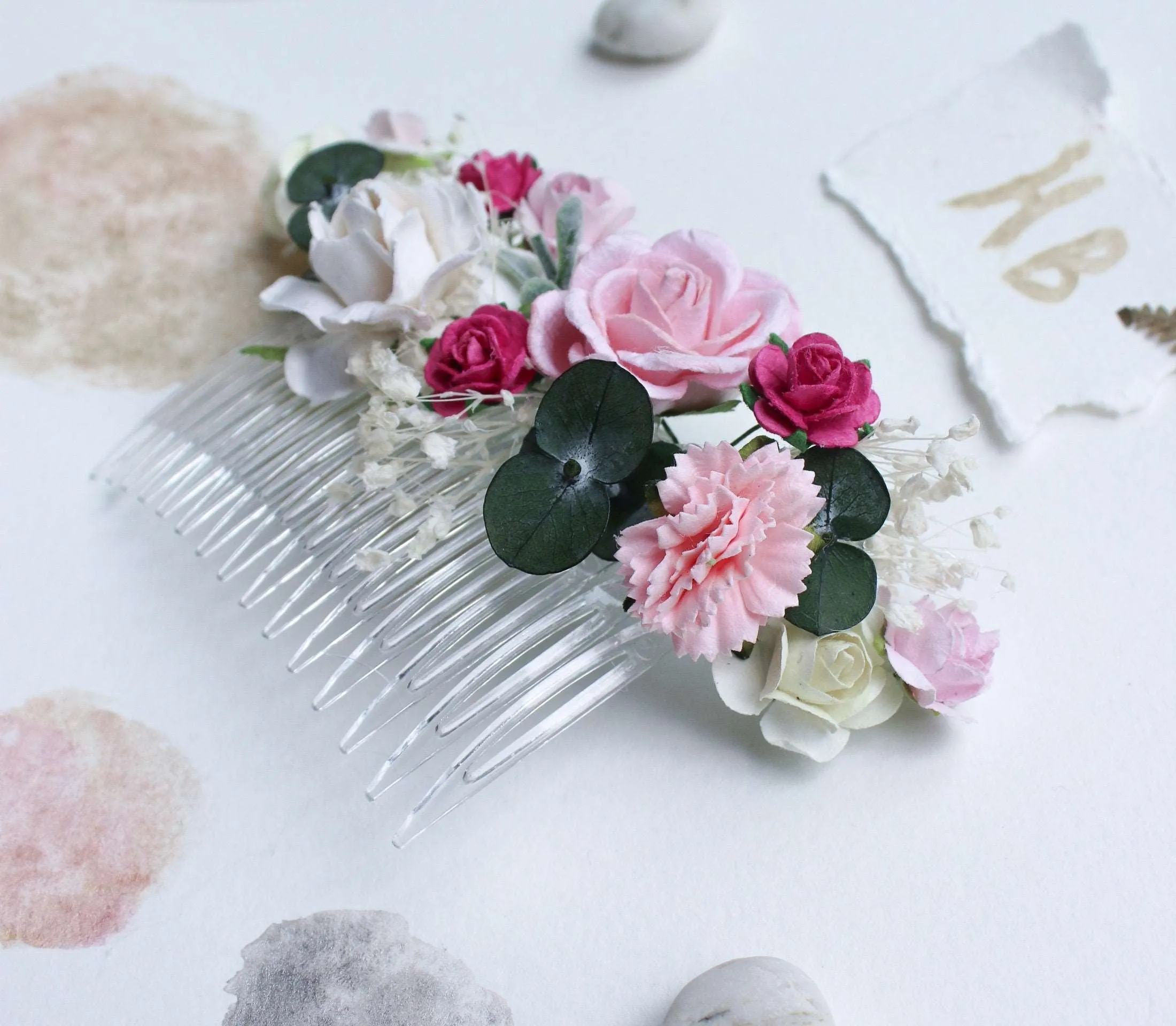 Blush Pink, White Mulberry Paper Rose Wedding Comb with eucalyptus