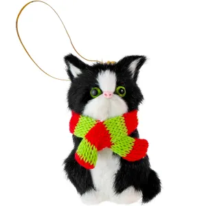 Christmas Mini Cat Ornament - Furry Black Kitten with Scarf Holiday Tree Hanging Decoration