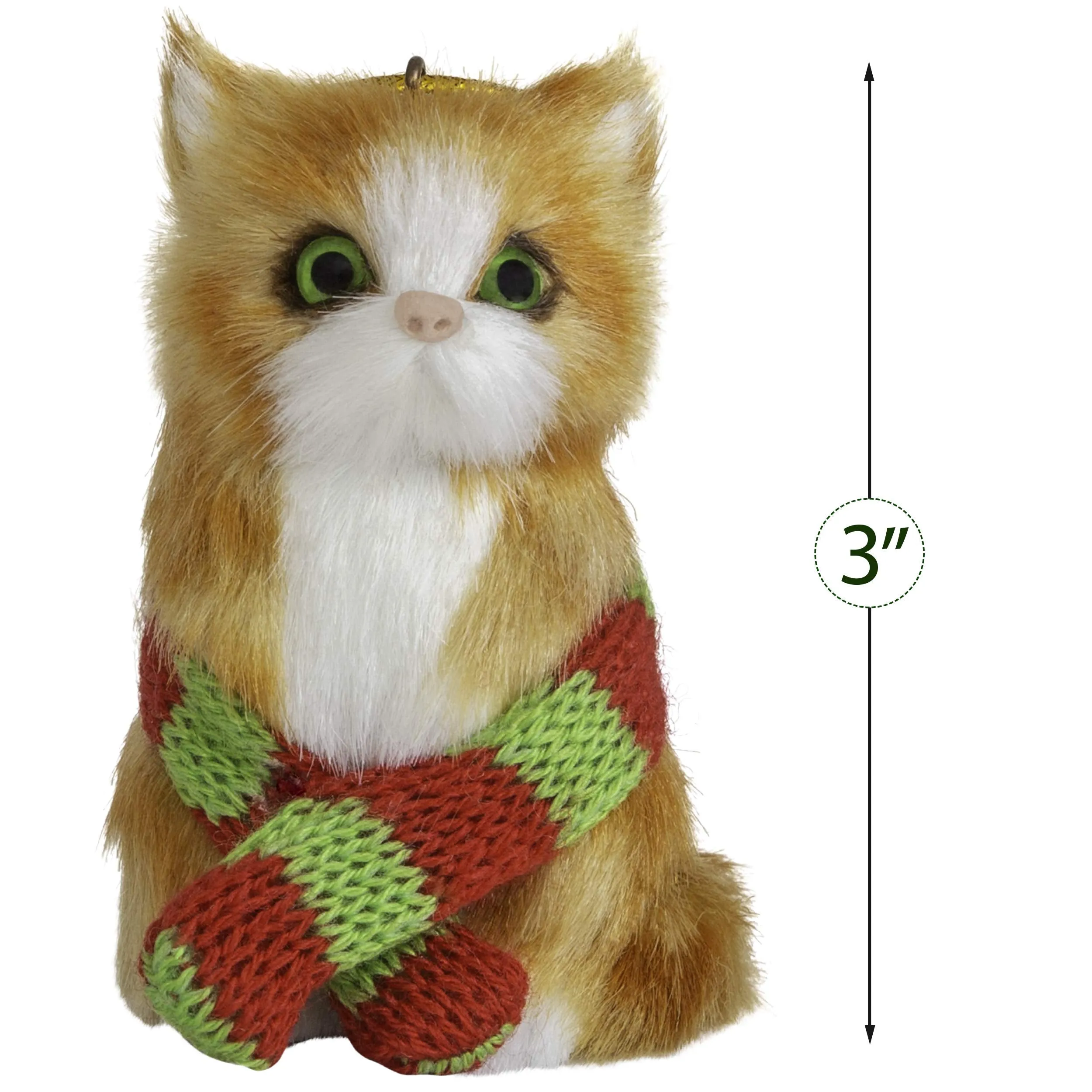 Christmas Mini Cat Ornament - Furry Orange Kitten with Scarf Holiday Tree Hanging Decoration