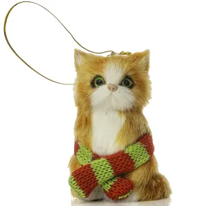 Christmas Mini Cat Ornament - Furry Orange Kitten with Scarf Holiday Tree Hanging Decoration