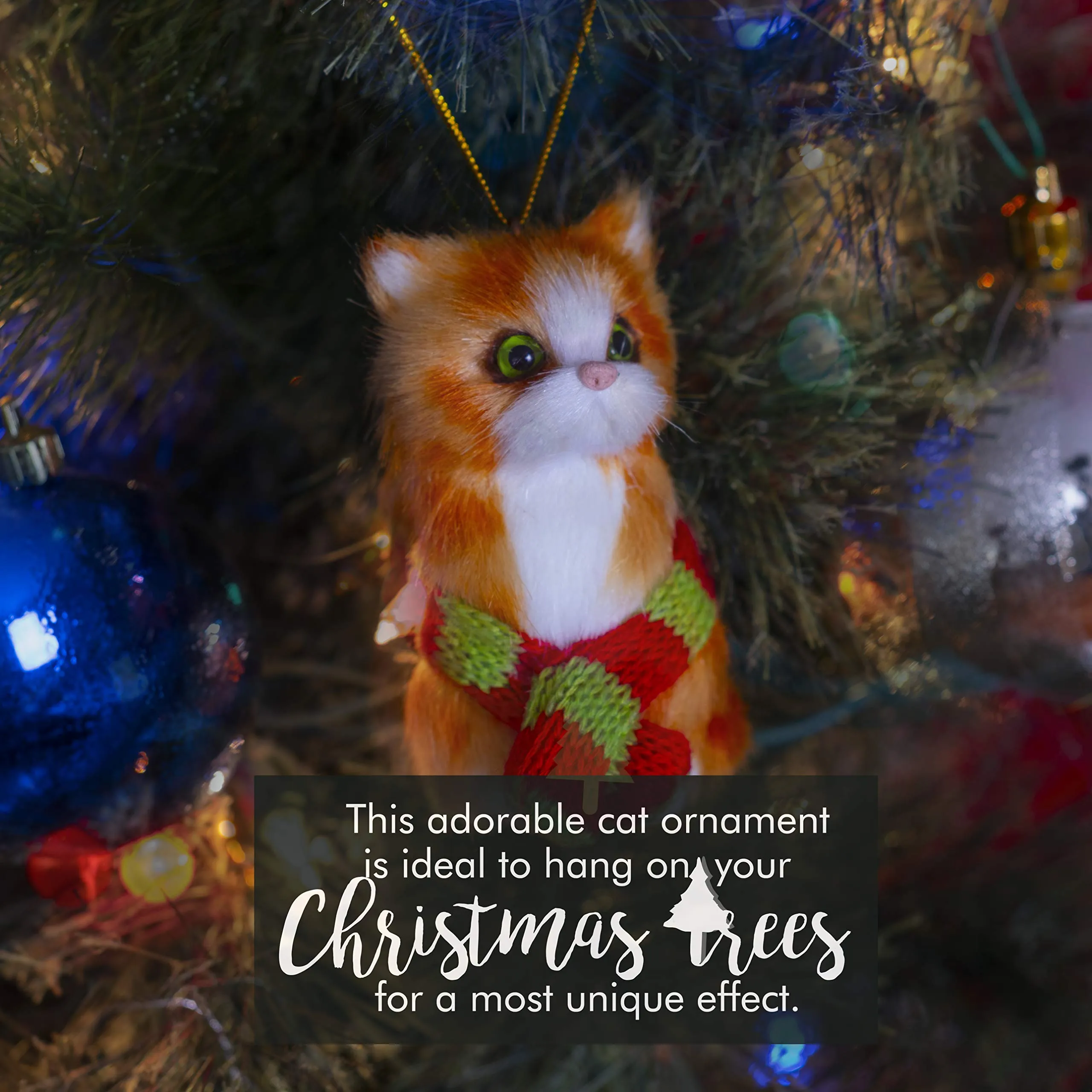 Christmas Mini Cat Ornament - Furry Orange Kitten with Scarf Holiday Tree Hanging Decoration