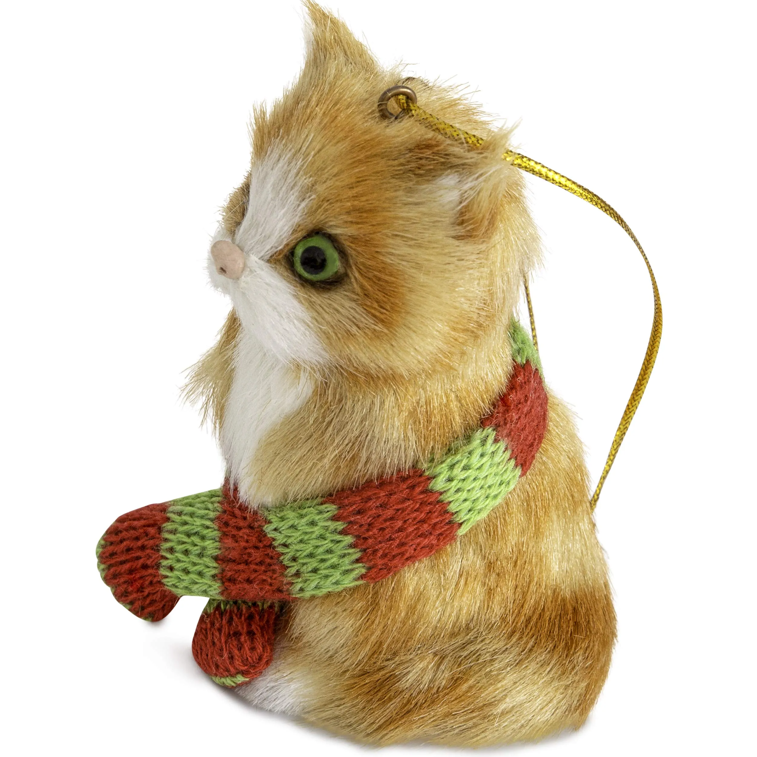 Christmas Mini Cat Ornament - Furry Orange Kitten with Scarf Holiday Tree Hanging Decoration