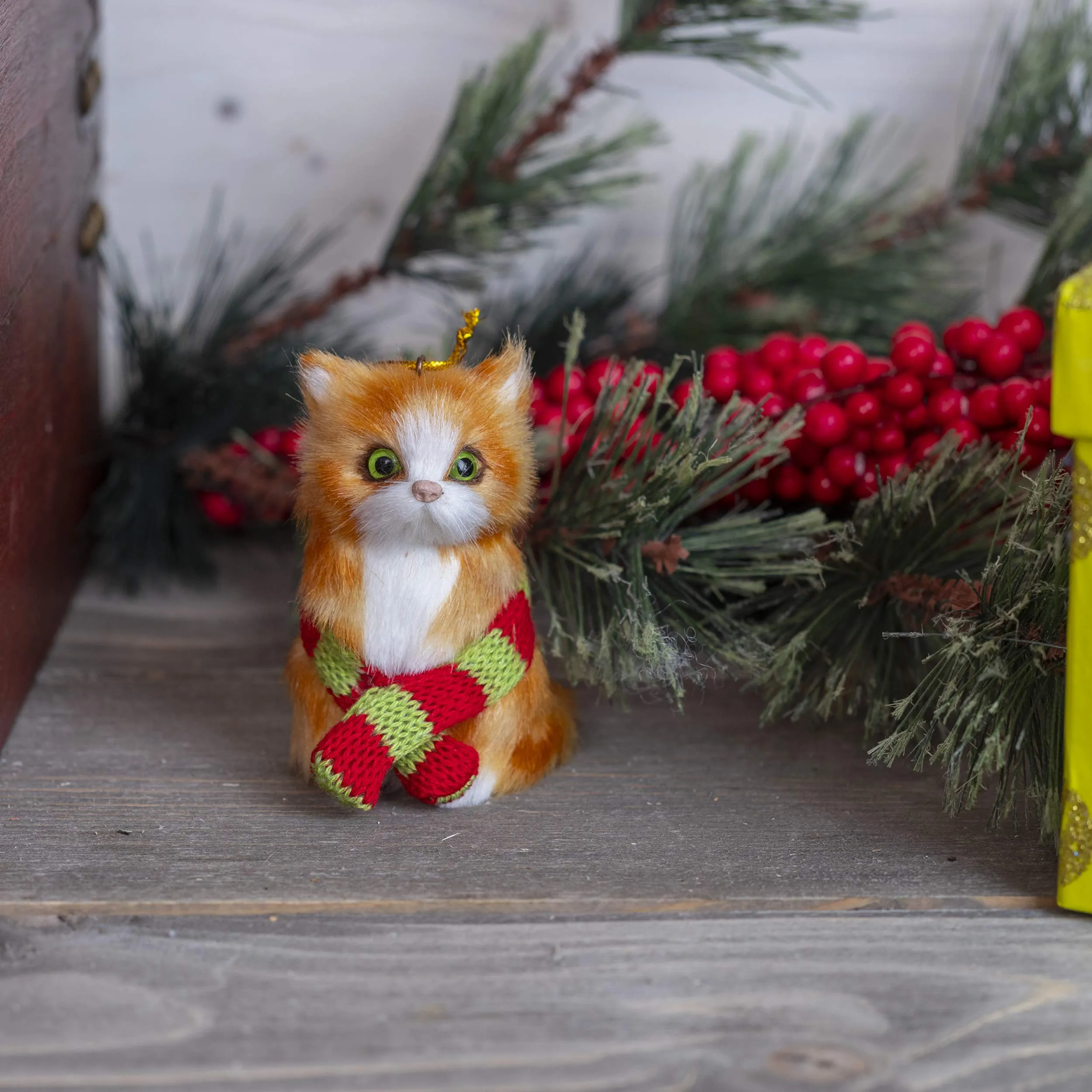 Christmas Mini Cat Ornament - Furry Orange Kitten with Scarf Holiday Tree Hanging Decoration