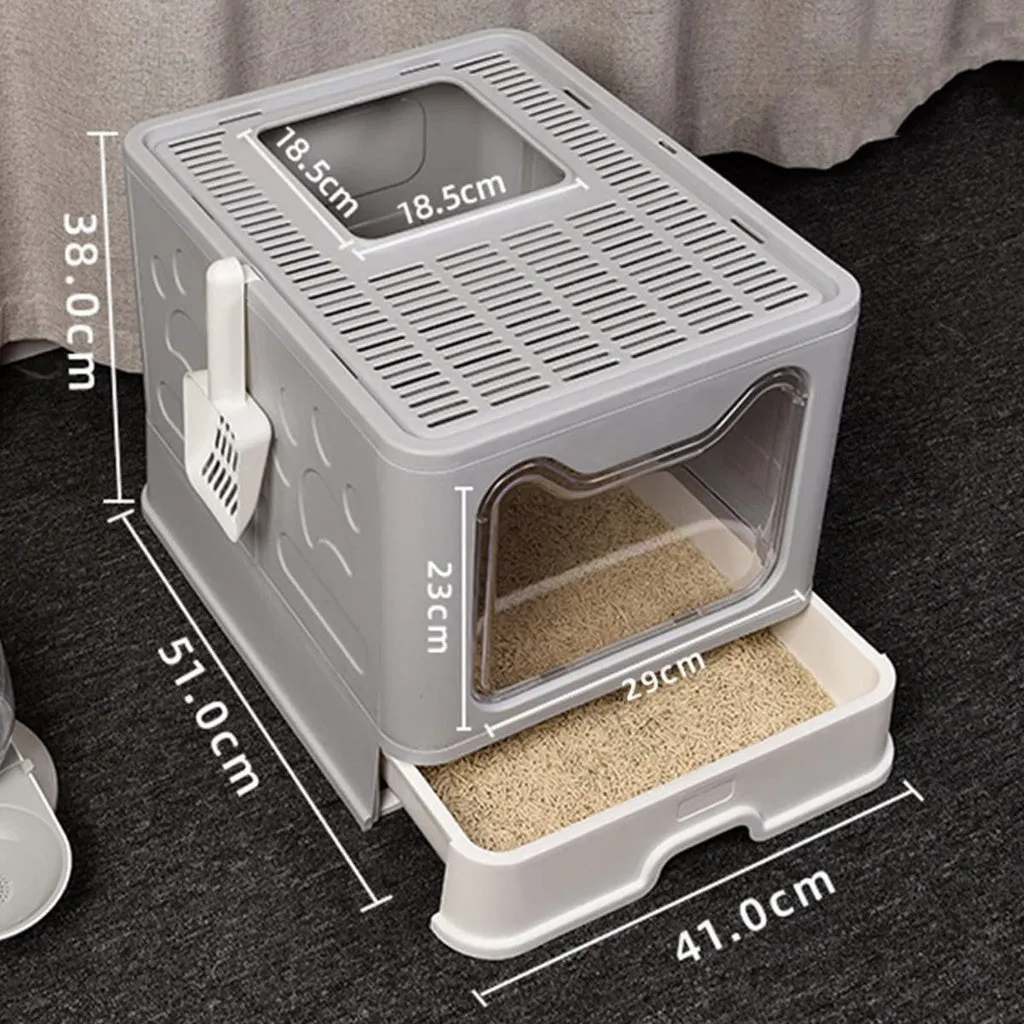 Foldable Cat Litter Box with Lid, Drawer, Grey – Floofi