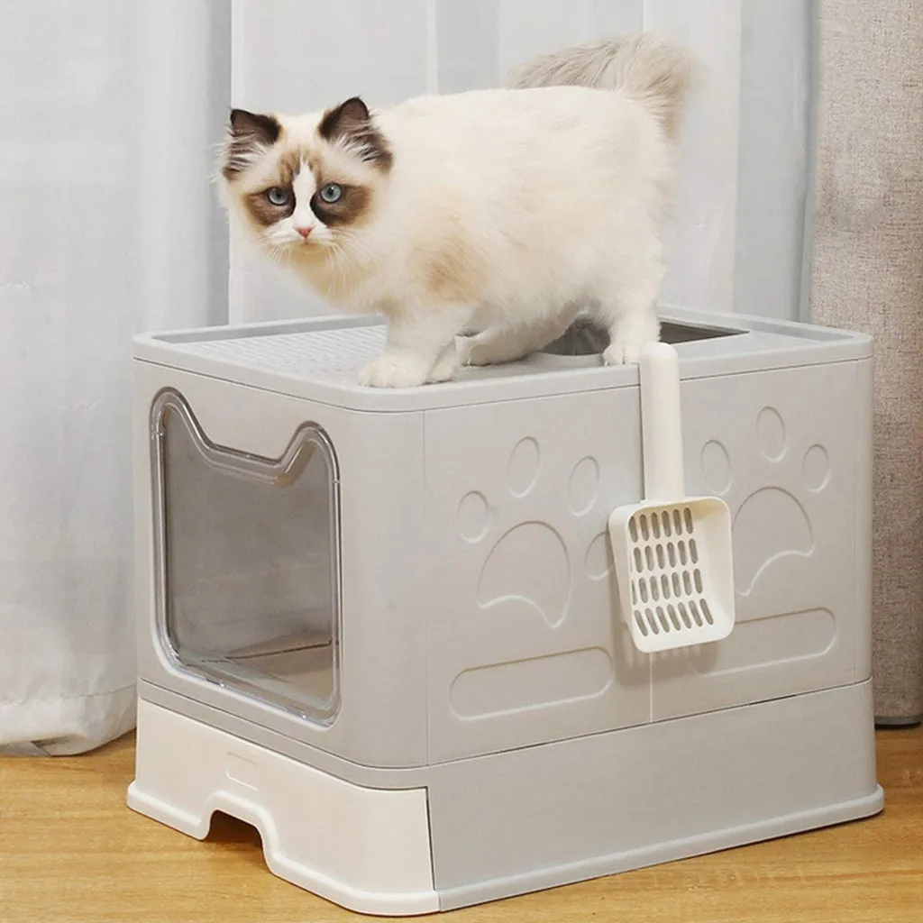 Foldable Cat Litter Box with Lid, Drawer, Grey – Floofi