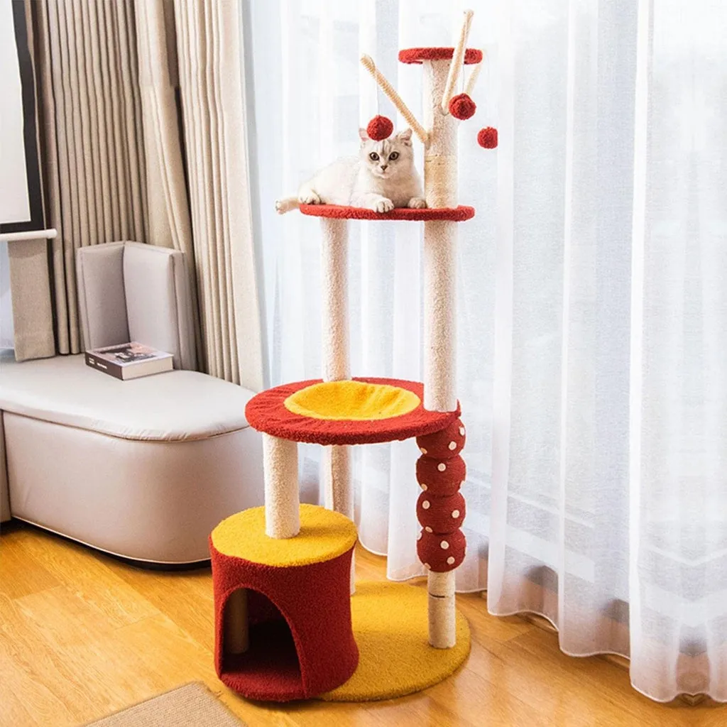 Luxury Plush 130cm Cat Tree Condo, Red Yellow - Floofi