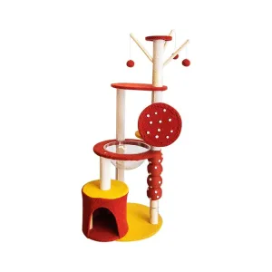 Luxury Plush 130cm Cat Tree Condo, Red Yellow - Floofi