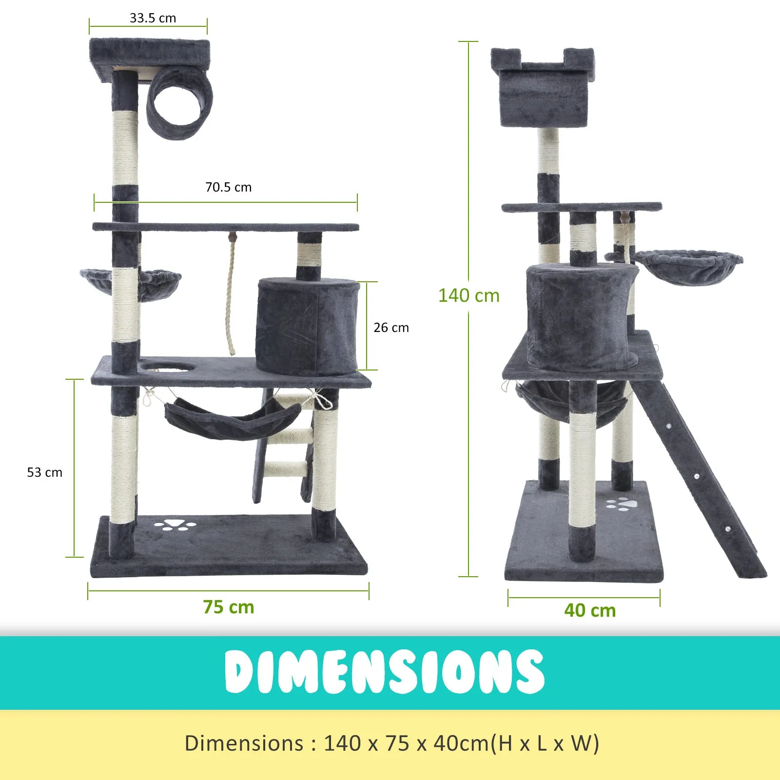 Multi-Level Cat Tree, 140cm with Scratcher, Ladder - Paw Mate