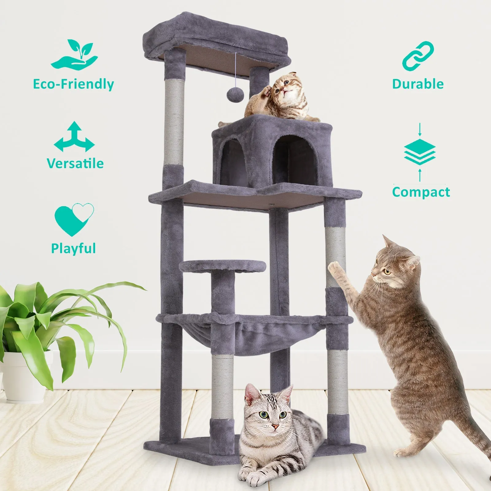 Multi-Level Cat Tree 143cm, Sisal Scratcher, Condo, Hammock - Paw Mate