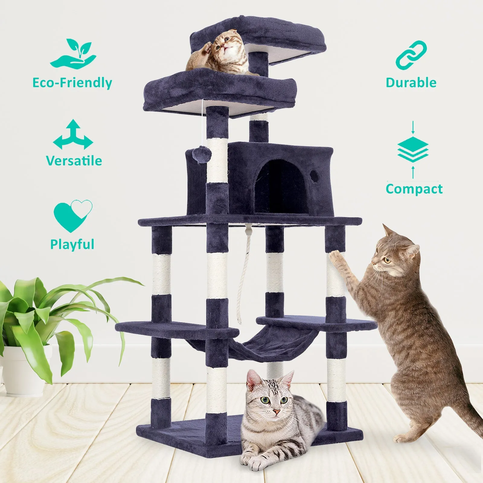 Multi-Level Cat Tree Sisal Scratcher Condo 145cm - Paw Mate