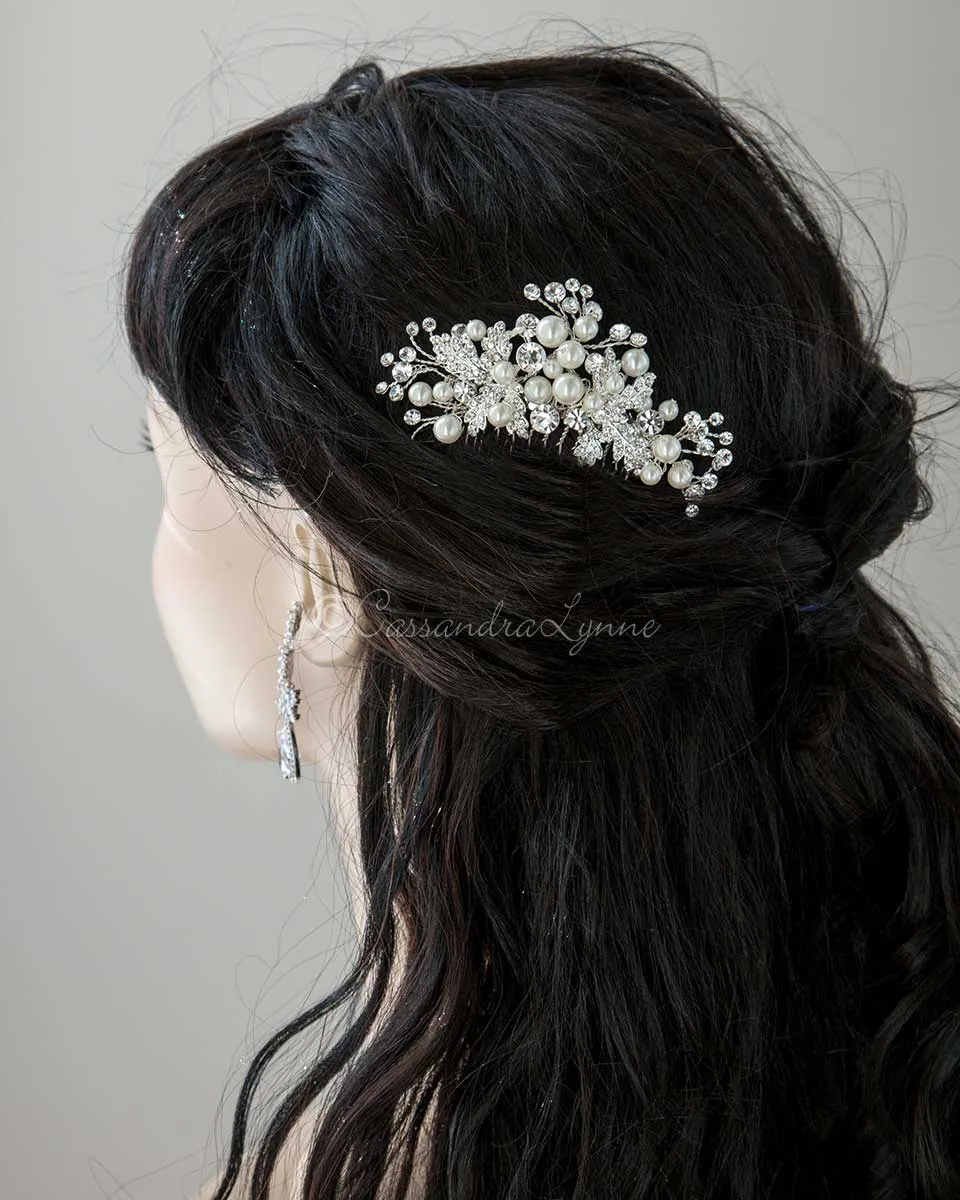 Pearl Bridal Hair Comb of Jeweled Leaves and Sprays