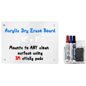 Red Co. 12” x 9” Refrigerator Magnetic   All-Surface Acrylic Dry Erase Writing Board with 4 Markers, Eraser and Holder, Clear