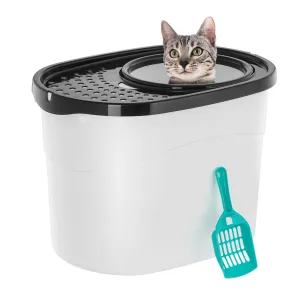 Top Entry Cat Litter Box with Scoop, White/Black/Seafoam